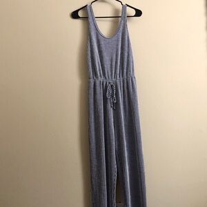 Blue and white pinstripe jumpsuit
